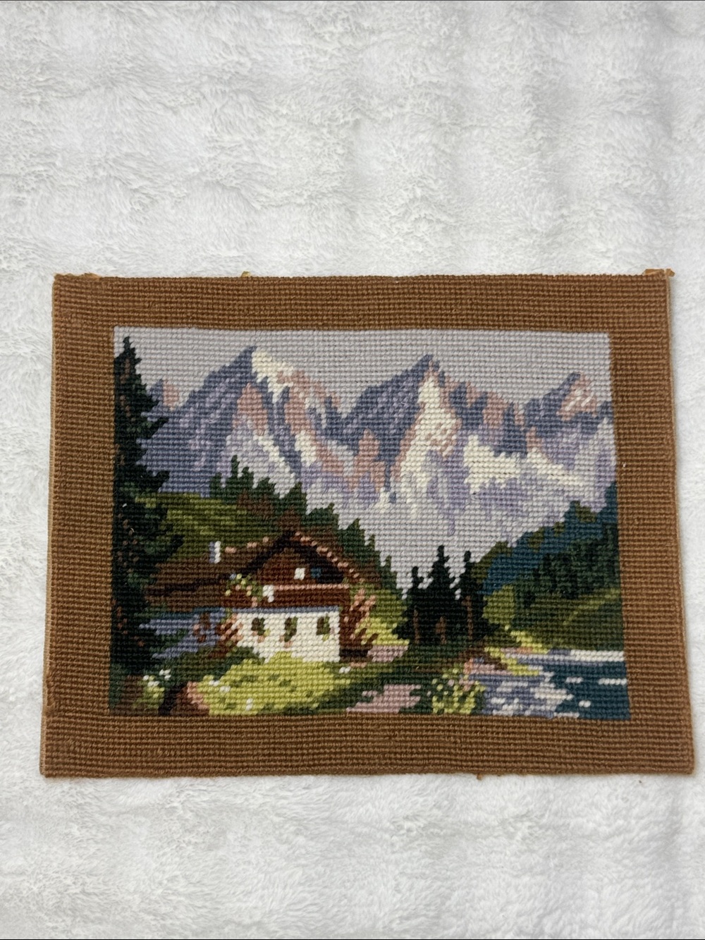 Vintage Needlepoint Unframed Cottage And Mountains Scene